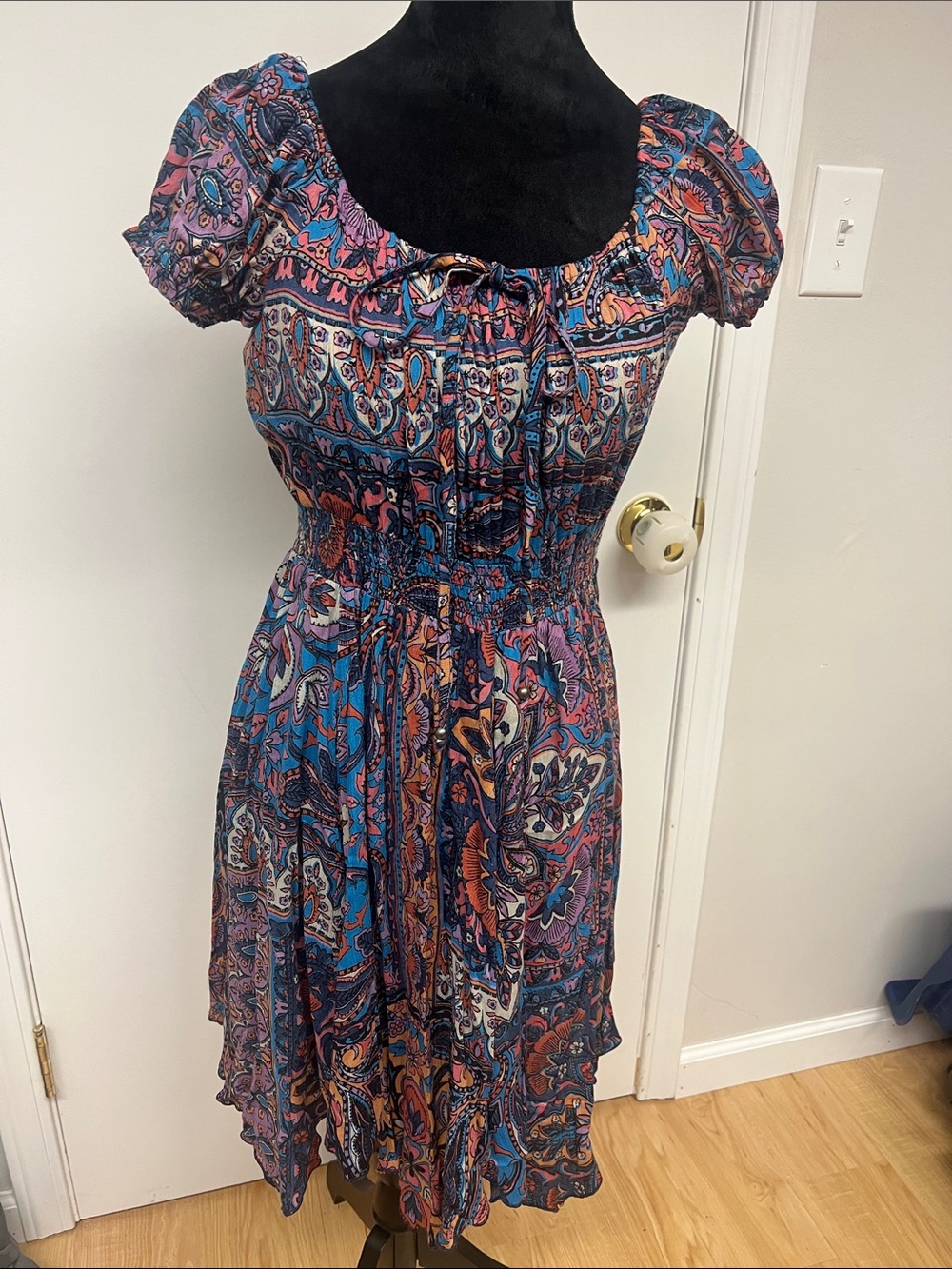 Nostalgia Paisley Smocked Midi Dress - Blue & Pink